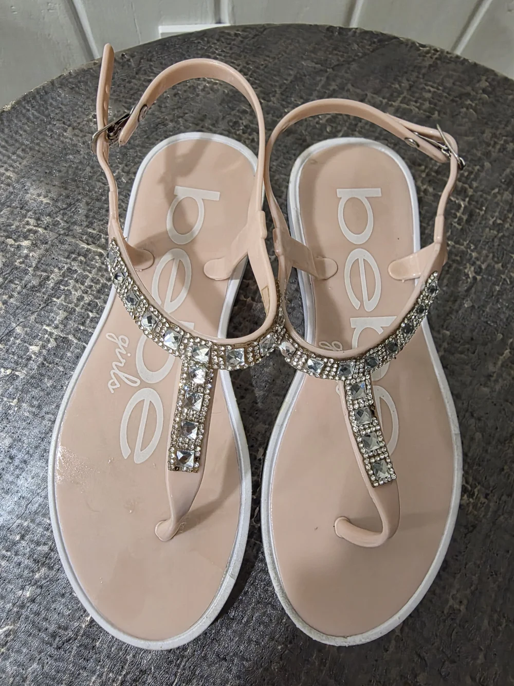 bebe Blush Jeweled T-Strap Sandals